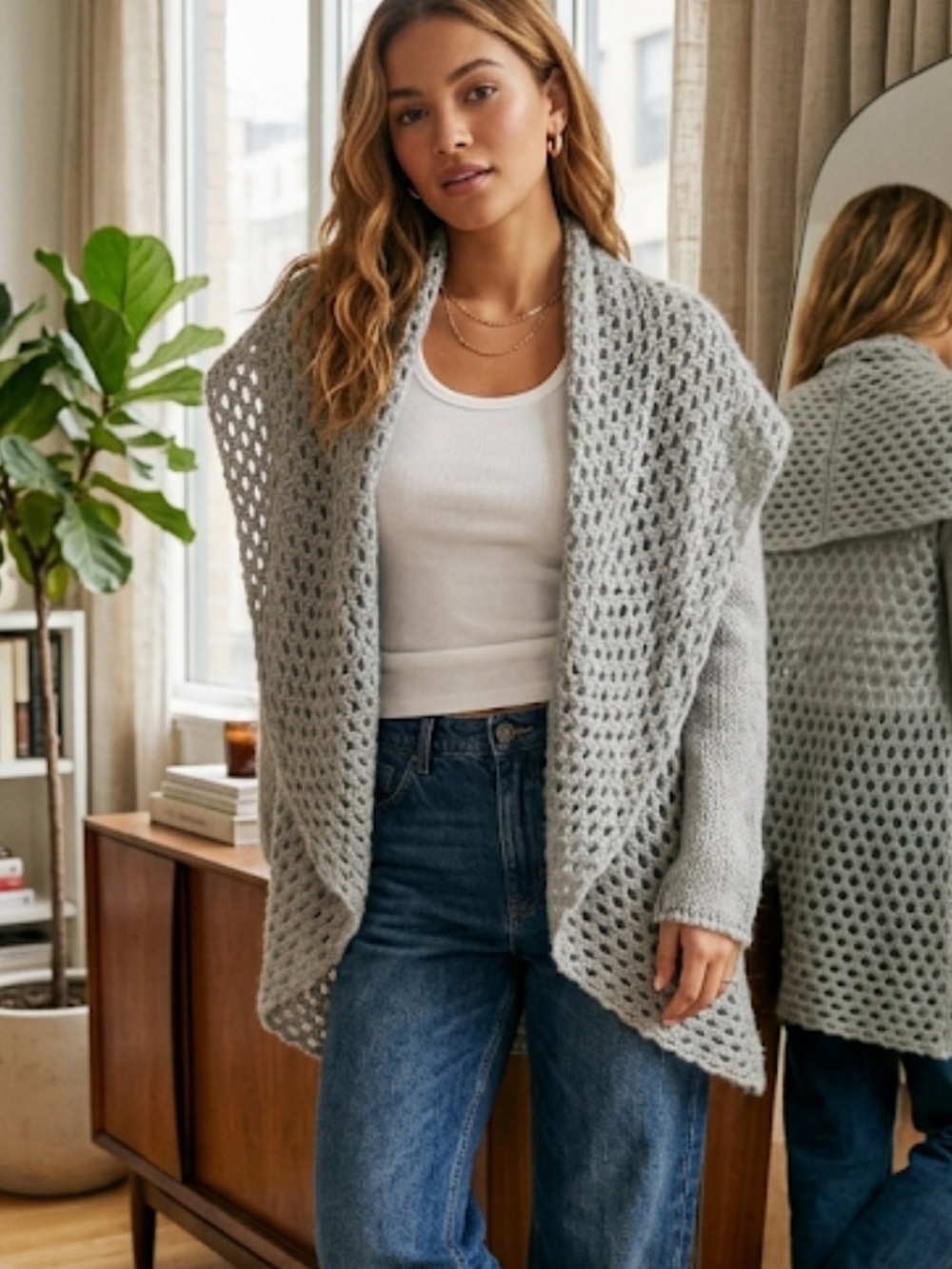 Elsamanda Italy Gray Mohair Wool Open Knit Cardigan Sweater Anthropologie Style